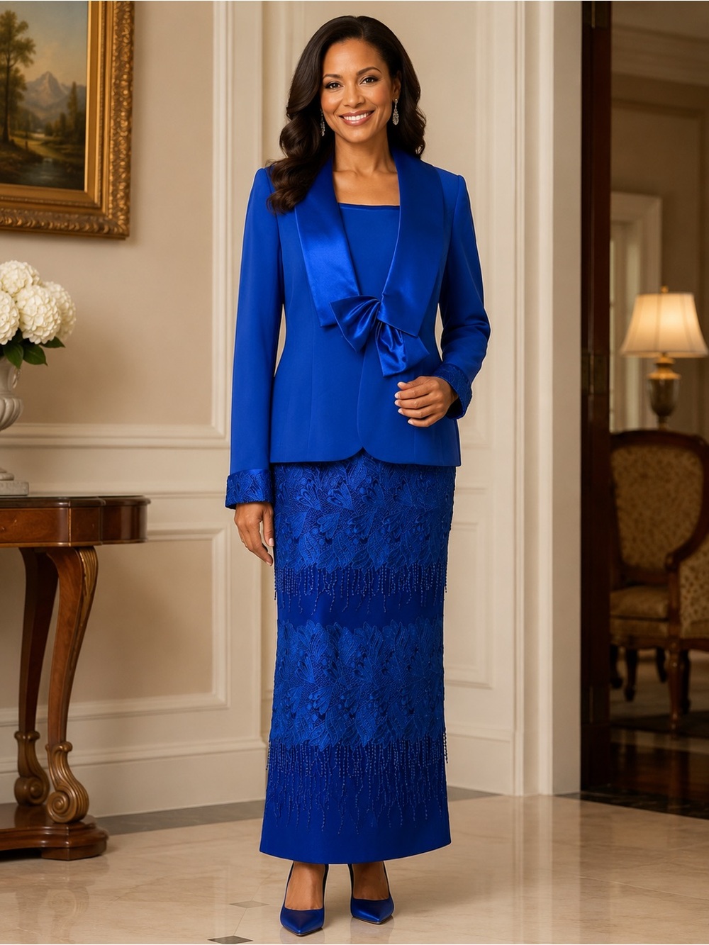 Milano Couture Royal Blue 2pc Skirt Suit Bow Jacket Lace Trim Beaded Size 8